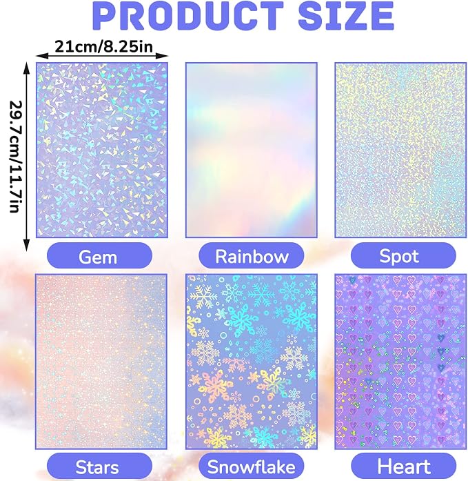 Clabby 36 Sheets Holographic Sticker Paper A4 Vinyl Holographic Laminate Sheets