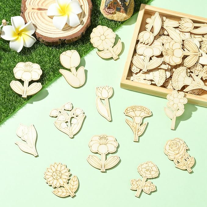 100 pcs Mixed Styles Cute Flower Theme Unfinished Wooden Cutout Charms