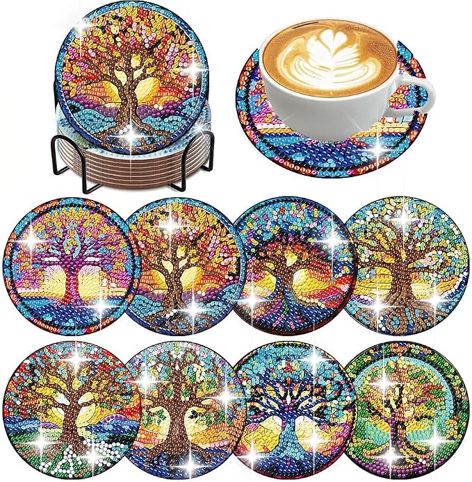 ijbnhd 8 PCS Tree of Life Diamond Art Coasters | Diamond Painting Coasters Kits