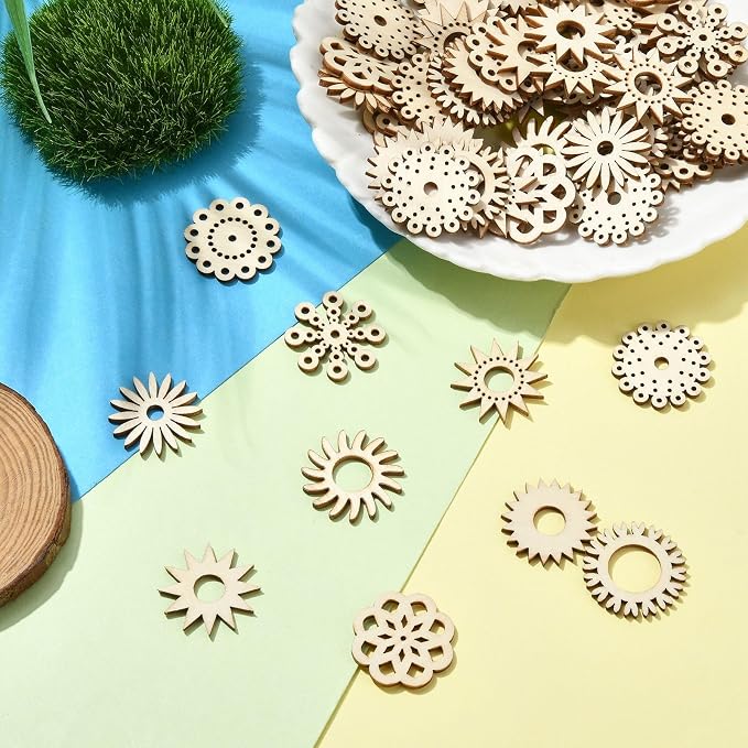 200 pcs Mixed Styles Sunflower Theme Unfinished Wood Cutout Charms Daisy Flower