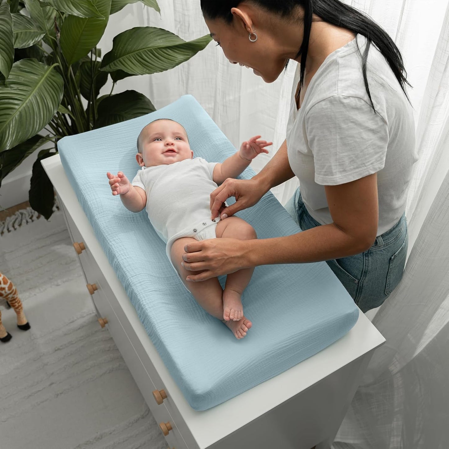 Comfy Cubs Muslin Fitted Changing Pad Cover - Soft, Breathable & Washable 100% Cotton Fitted Sheet for Baby's Comfort - Universal Fit for Flat & Curved Baby Changer Pad - Sky Blue