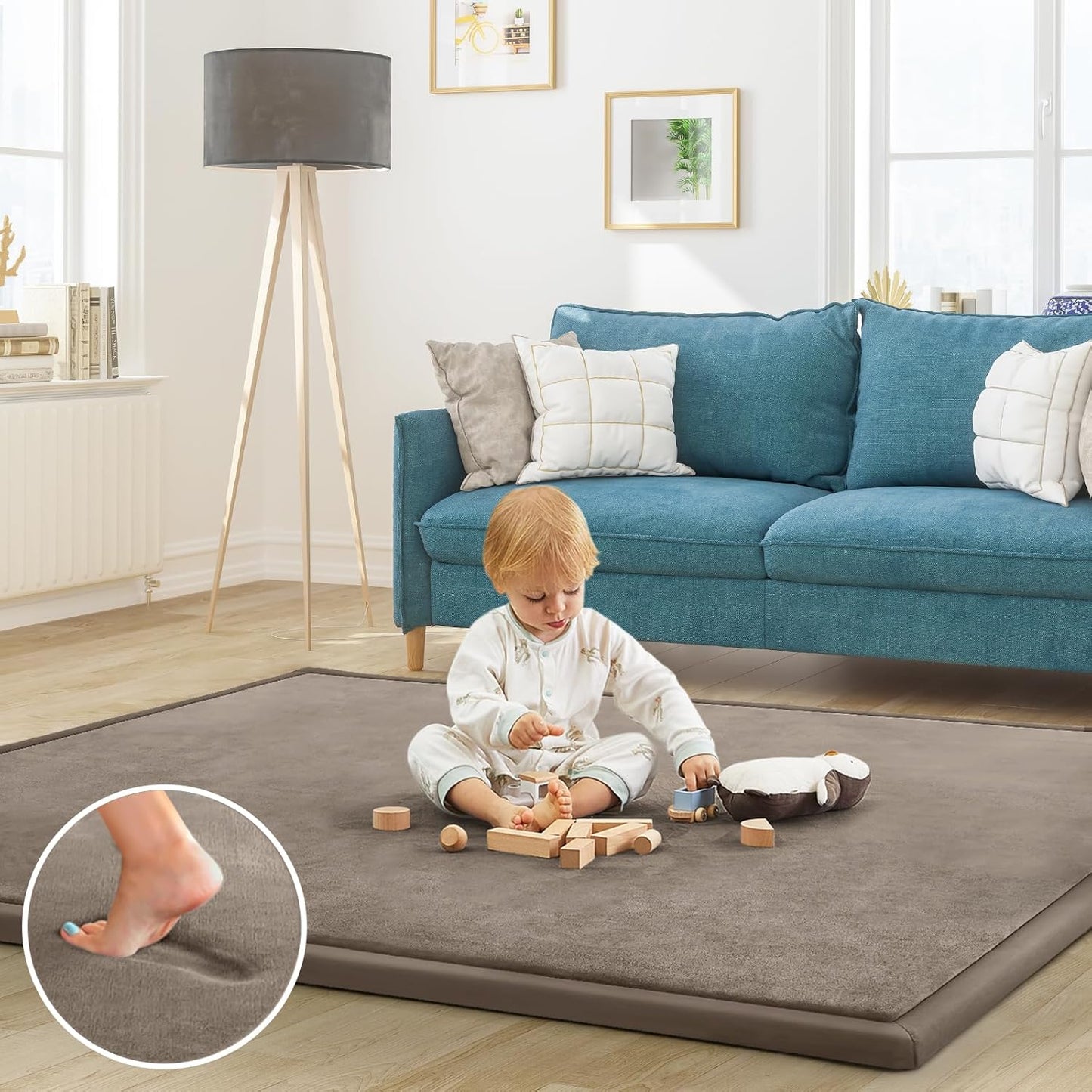 Baby Play Mat for Floor Tummy Time Mat Nursery Muscle Area Rug Playroom Rug Tatami 59"*71" Memory Foam 1.3" Thick Crawling For Babies,Toddlers, Infants, Kids,Floor(Brown)