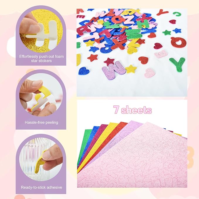 BEISHIDA 448 Pcs Glitter Foam Letter Stickers ，Letter 1.5inch 1inch Heart Stars