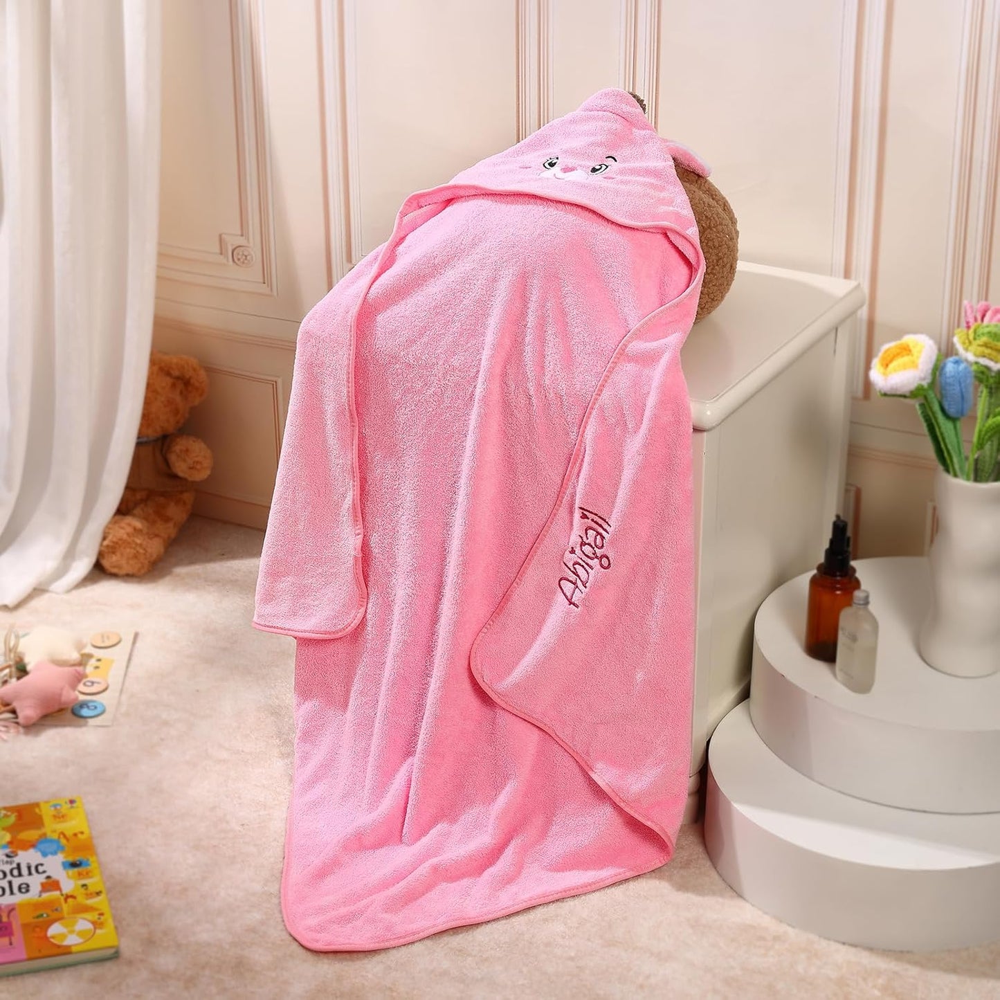 Personalized Baby Towels for Newborn Custom Embroidery Name Hooded Baby Bath Towels for Boy Girl Newborn Essentials Must Haves Shower Gift Soft Coral Velvet 30"x30" (Pink)