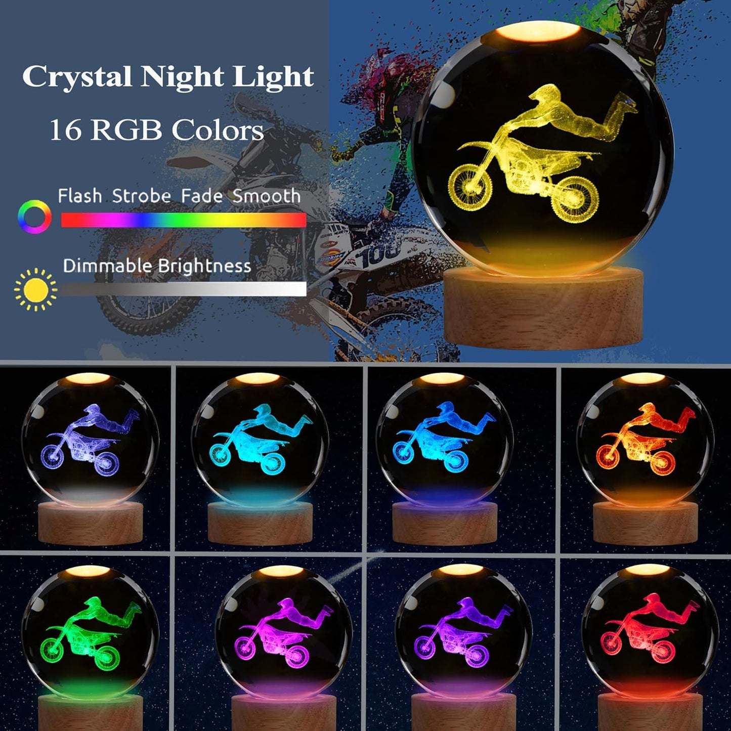 Dirtbike Night Light, Dirtbike Gifts, 3D Crystal Ball Dirtbike Lamp with Remote Upgraded 3.15 Inch with 16 Color for Birthday Xmas Cool Figurines Motorbike Gifts for Room Decor Boys Girls