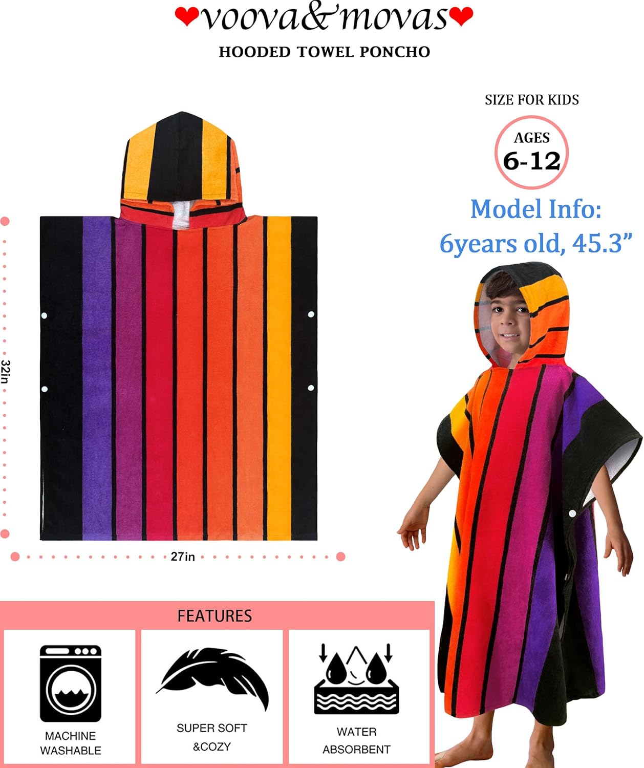 VOOVA & MOVAS Hooded Poncho Towels for Big Kids - (6-12Years), Absorbent Soft 100% Cotton Beach | Bath | Pool Swim Towel with Hood for Boys | Girls - Stripe