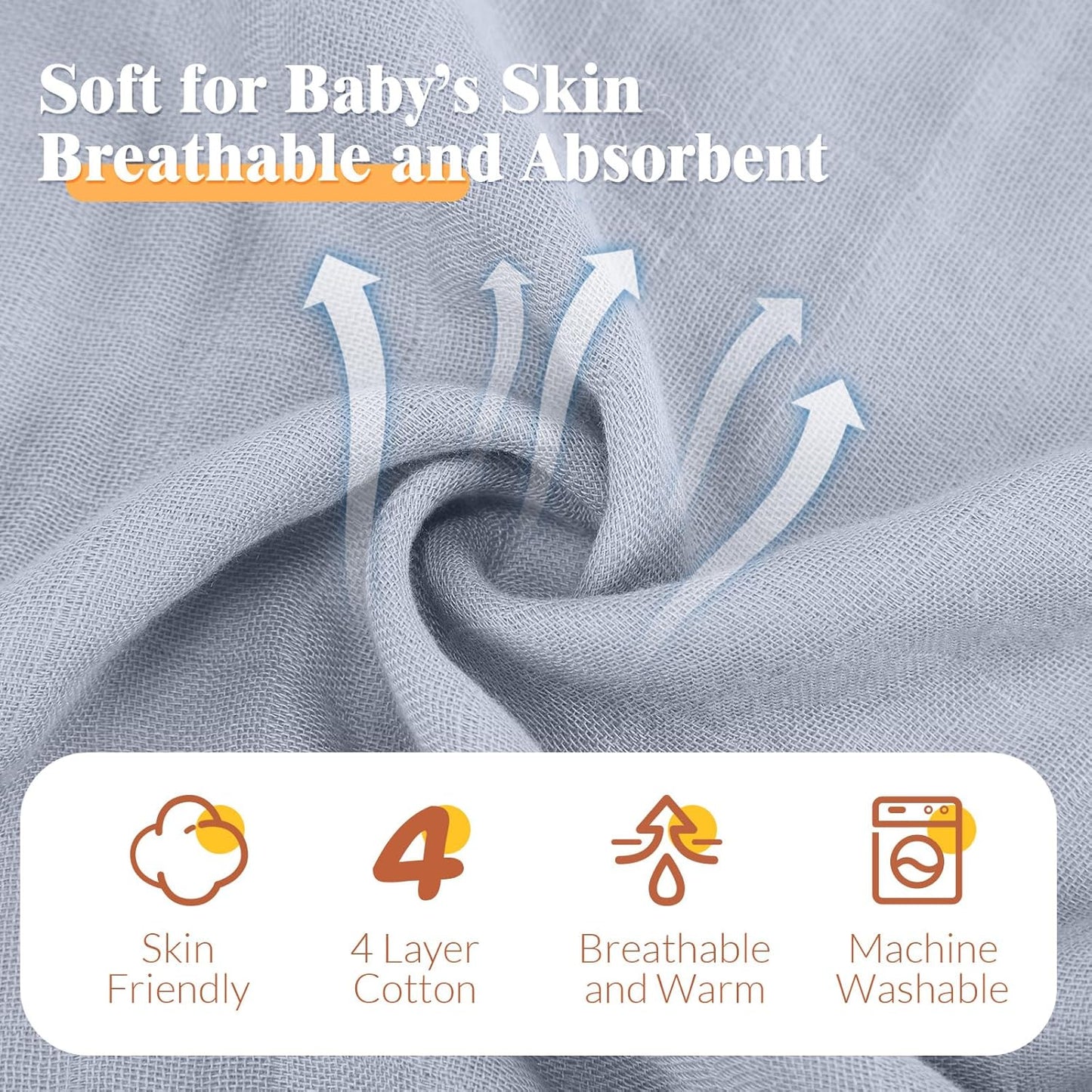 Preboun 6 Pcs Muslin Hooded Baby Towels and Washcloths 32"x 32" Cotton Newborn Bath Towel Anti-Shrink Infant Baby Blankets with Hood 12"x 12" Washcloths for Girl Boy Toddler(Blue,Light Purple)