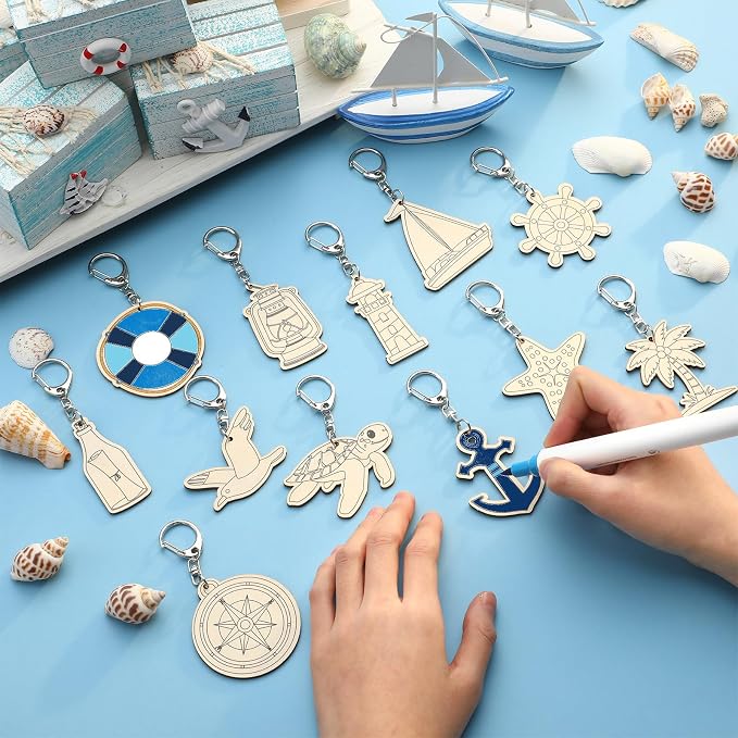 RattanView 24 Pcs Nautical Craft Color Your Own Keychains DIY Craft Wooden