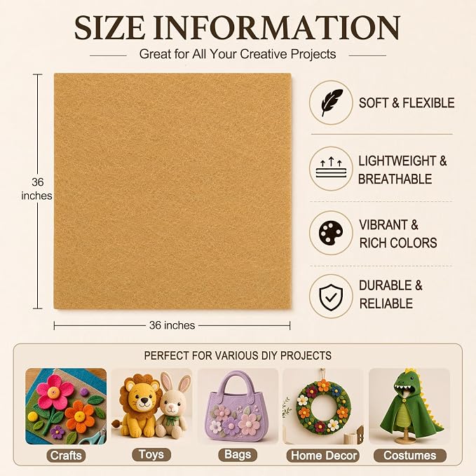 Tan Large Felt Fabric 36" x 36", 1.4 mm Soft Felt Sheet, Nonwoven Fabric