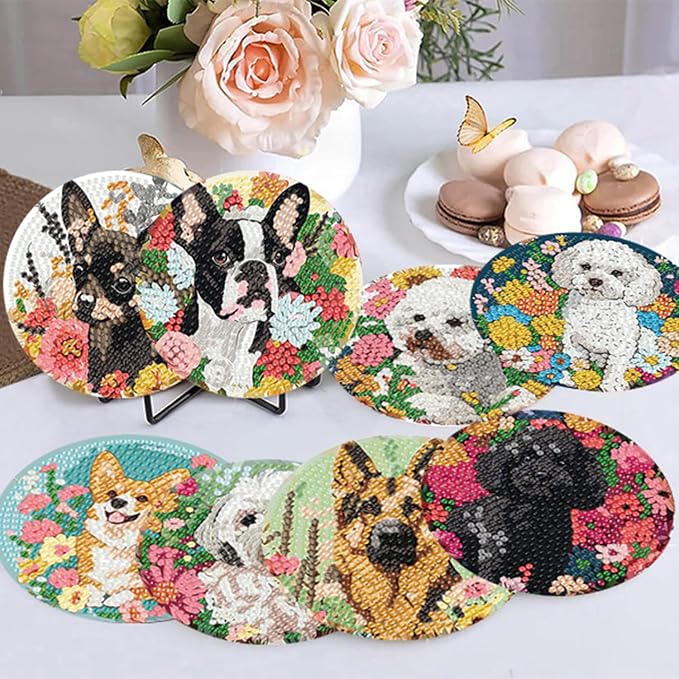 8 Pack Diamond Art Coasters, Dog Flowers Diamond Painting Coasters Kits | Dog