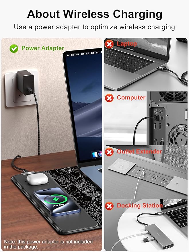 TopMade Mouse Pad with 15W Fast Wireless Charging, 31.5"x15.75" XXL Large Gaming Waterproof Desk Pad with Ultra-Smooth Surface, Non-Slip Base, Computer Desk Mat, Black Topographic Map #3