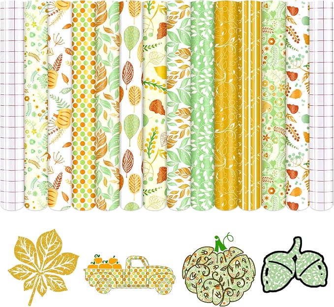Yellow Leaves Boho Permanent Adhesive Vinyl 12 Sheets 12'' x 10'' | Green