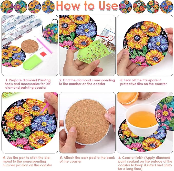 ijbnhd 8 Pcs Flowers Diamond Art Coasters