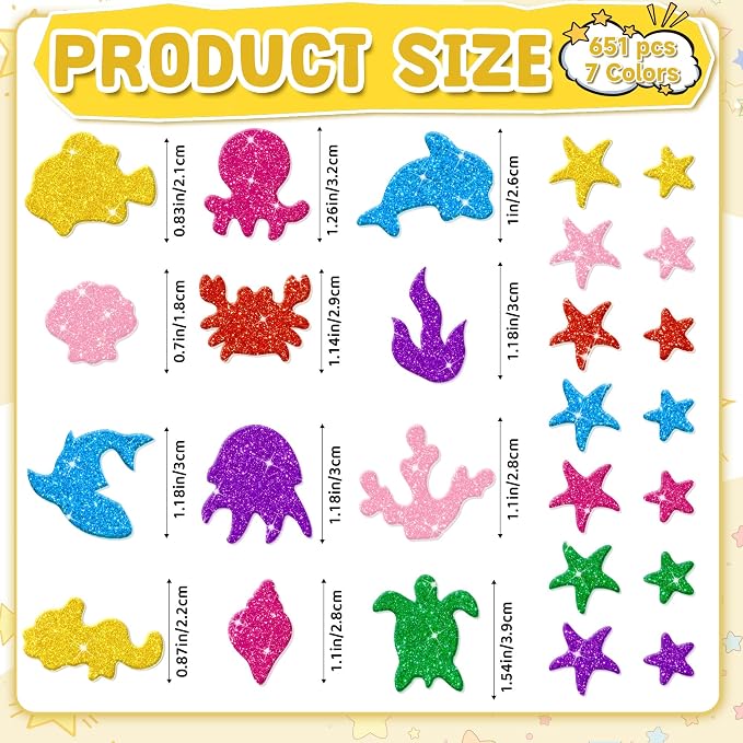 Foam Stickers, 7 Sheets 3D Glitter Foam Ocean Stickers, Self-Adhesive EVA Foam