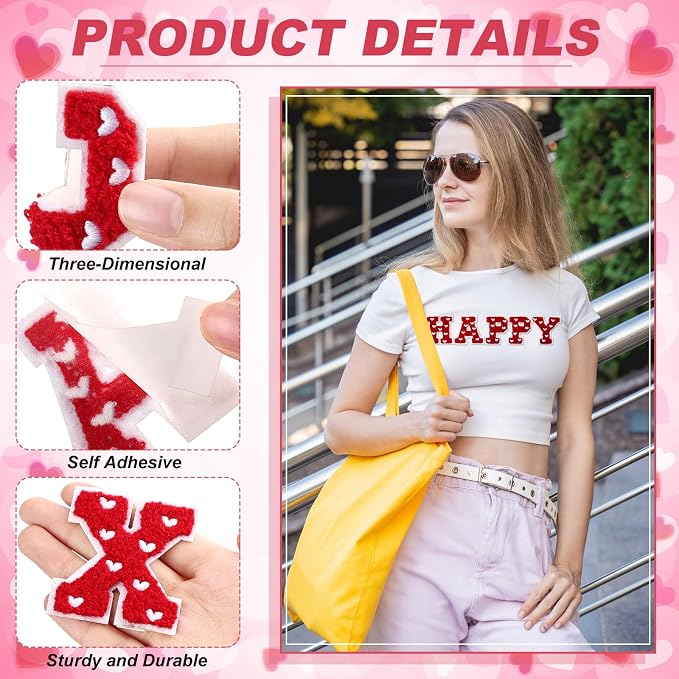 WILLBOND 52 Pcs Valentine's Day Heart Self Adhesive Chenille Letters Patches