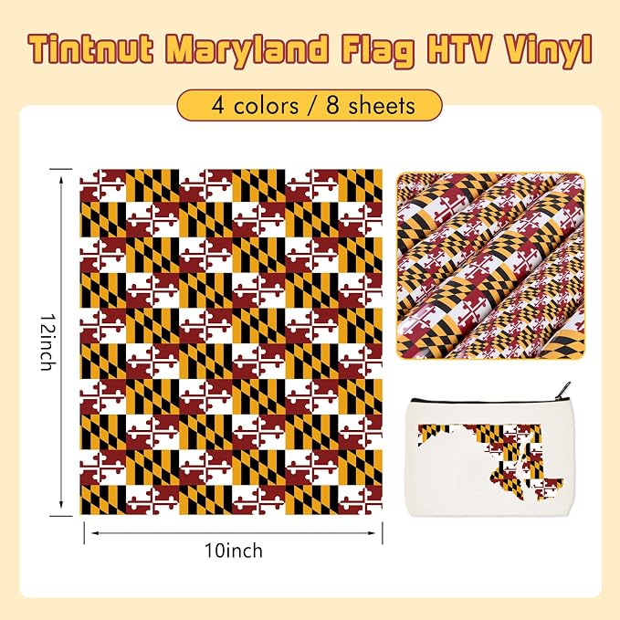 Tintnut Maryland Flag Heat Transfer Vinyl, 8 Sheets 12×10in Iron on Vinyl | PU