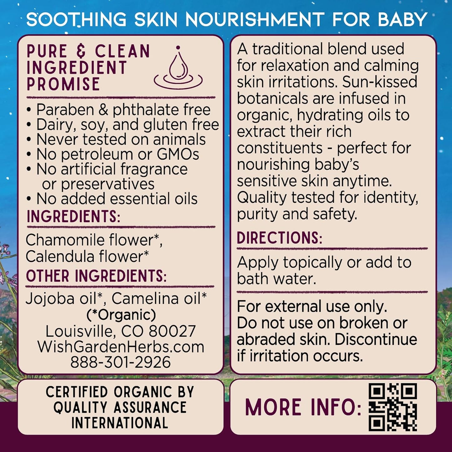 WishGarden Herbs Oh Baby! Chamomile Oil - USDA Certified Organic Baby Oil with Chamomile & Calendula, Moisturizes & Calms Skin Irritations, Baby Massage For Newborn, No Added Fragrance, 2oz