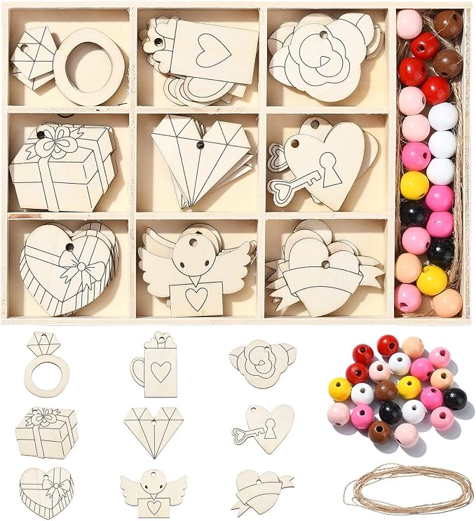 54 pcs Mixed Styles Wedding Theme Unfinished Wooden Cutout Charms Ring Heart