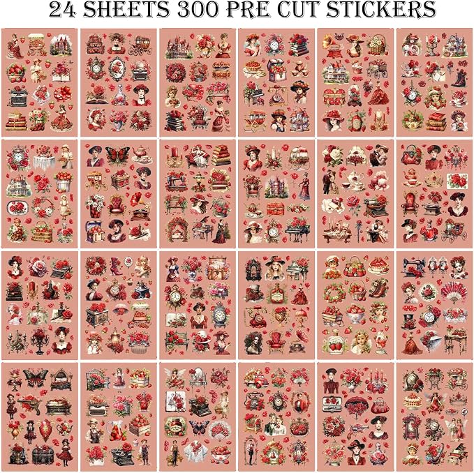 Vintage Ephemera Sticker 24 Sheets precut 300 washi Stickers Paper Journal