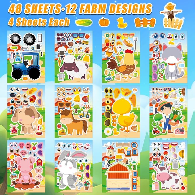48 Sheets Create Funny Farm Animals Stickers, Make a Face Stickers