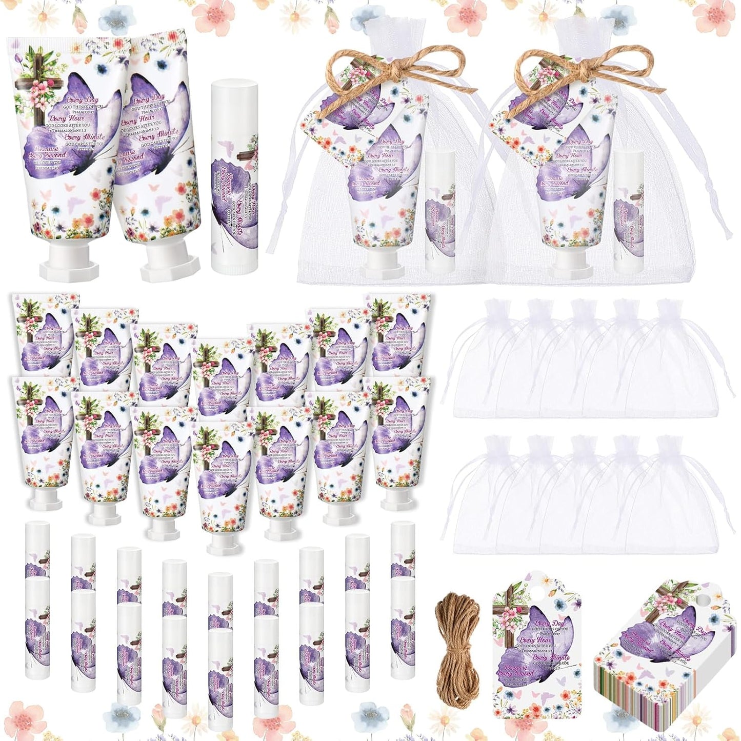 24 Sets Christian Hand Cream and Lip Balm Gift Set Christmas Christian Gift for Women Travel Size Hand Lotion Bible Verse Lip Balm Bulk for Baby Bridal Shower Mom Holiday Gift(Romantic)