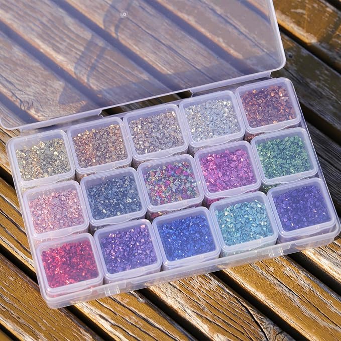15 Colors Metallic Crushed Glass Chips 225g/7.9oz, 2-4mm Shiny Irregular
