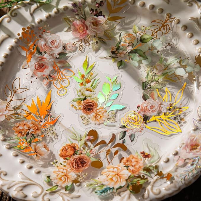 Yoksas 240Pcs Holographic Golden Foil Nature Flowers Plants Stickers
