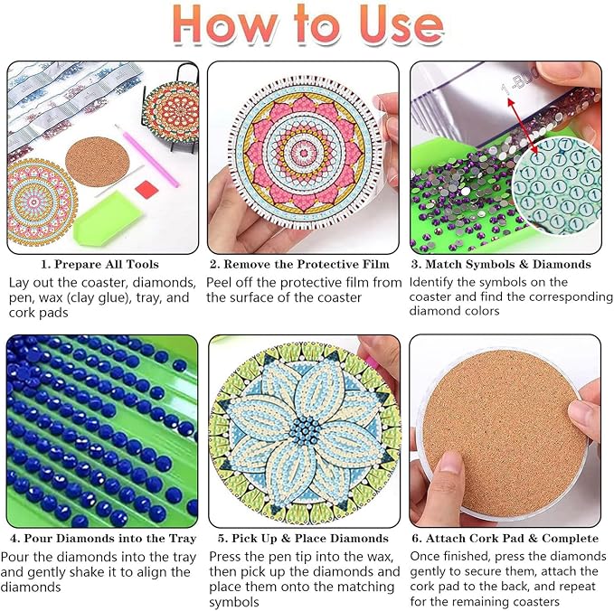 Benjenes 8 PCS Mandala Diamond Art Coasters Kits | Diamond Paintings Coasters