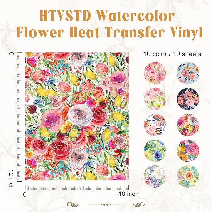 HTVSTD Floral HTV Heat Transfer Vinyl 10 Sheets 12×10in Iron on Vinyl | Flower