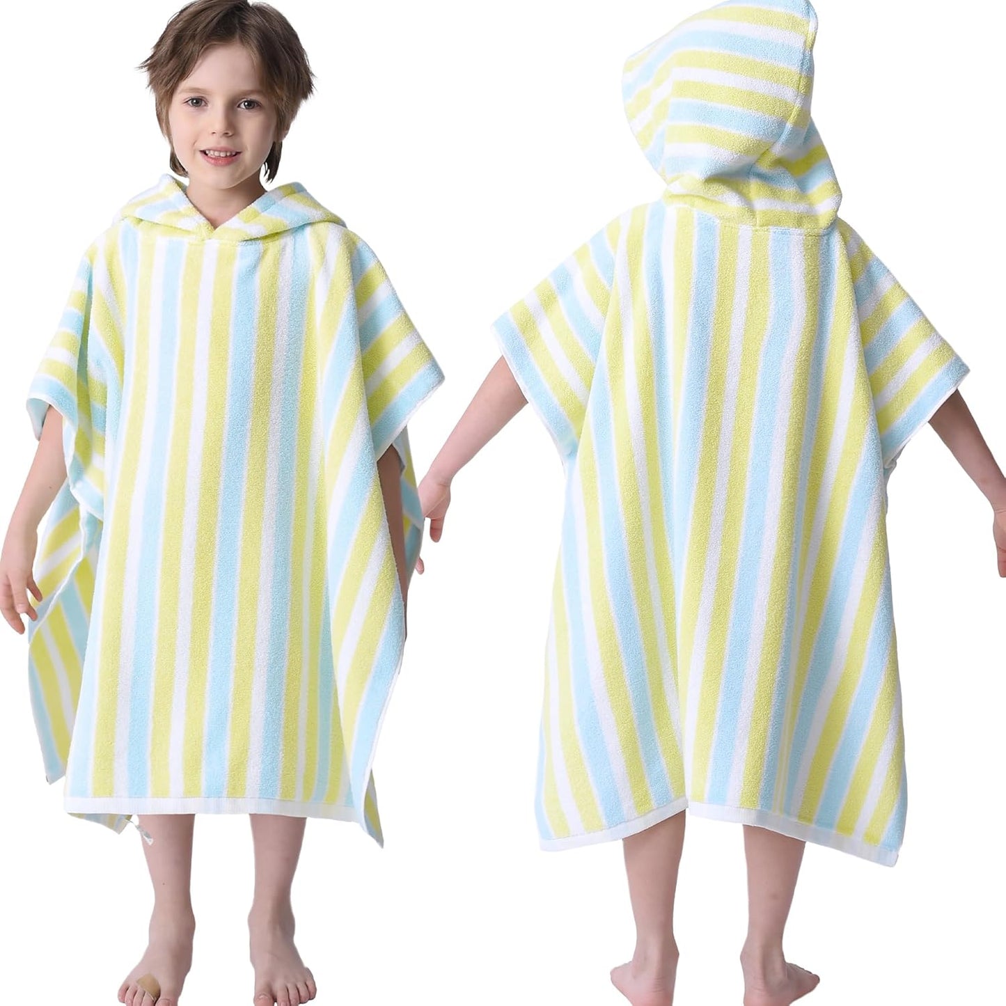 VOOVA & MOVAS Toddler Towels for Boys - 100% Cotton (3-10Years) - Quick Dry Absorbent Lightweigh Hooded Wrap Towel for Pool | Swim | Beach | Bath, Yellow Blue Stripe