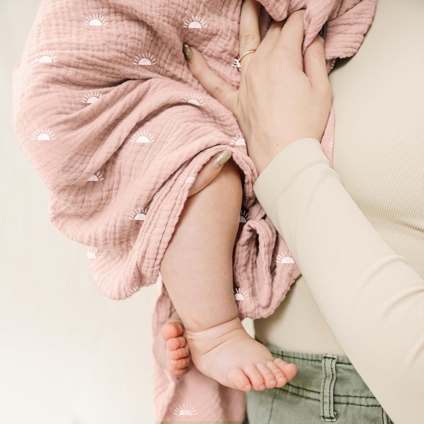 Konssy Muslin Swaddle Blankets for Baby Girls Boys, 3 Pack Receiving Blanket Large 47 x 47 inches, Soft Breathable Muslin Baby Blanket for Unisex Newborn (Peach Blossom Sun)
