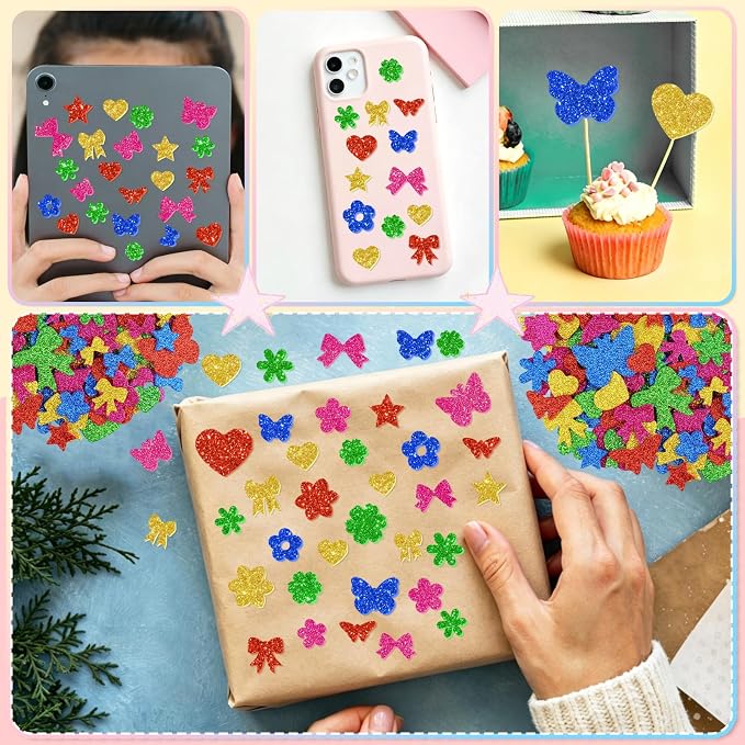 500Pcs Foam Stickers Glitter Colorful Flower Butterfly Bow Shapes Stickers