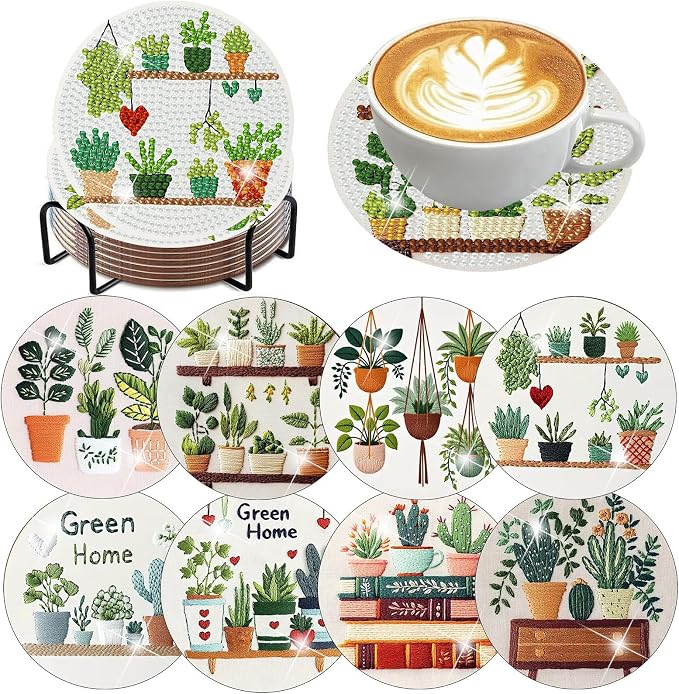 8 PCS Plant Diamond Art Coasters Kits | Diamond Paintings Coasters