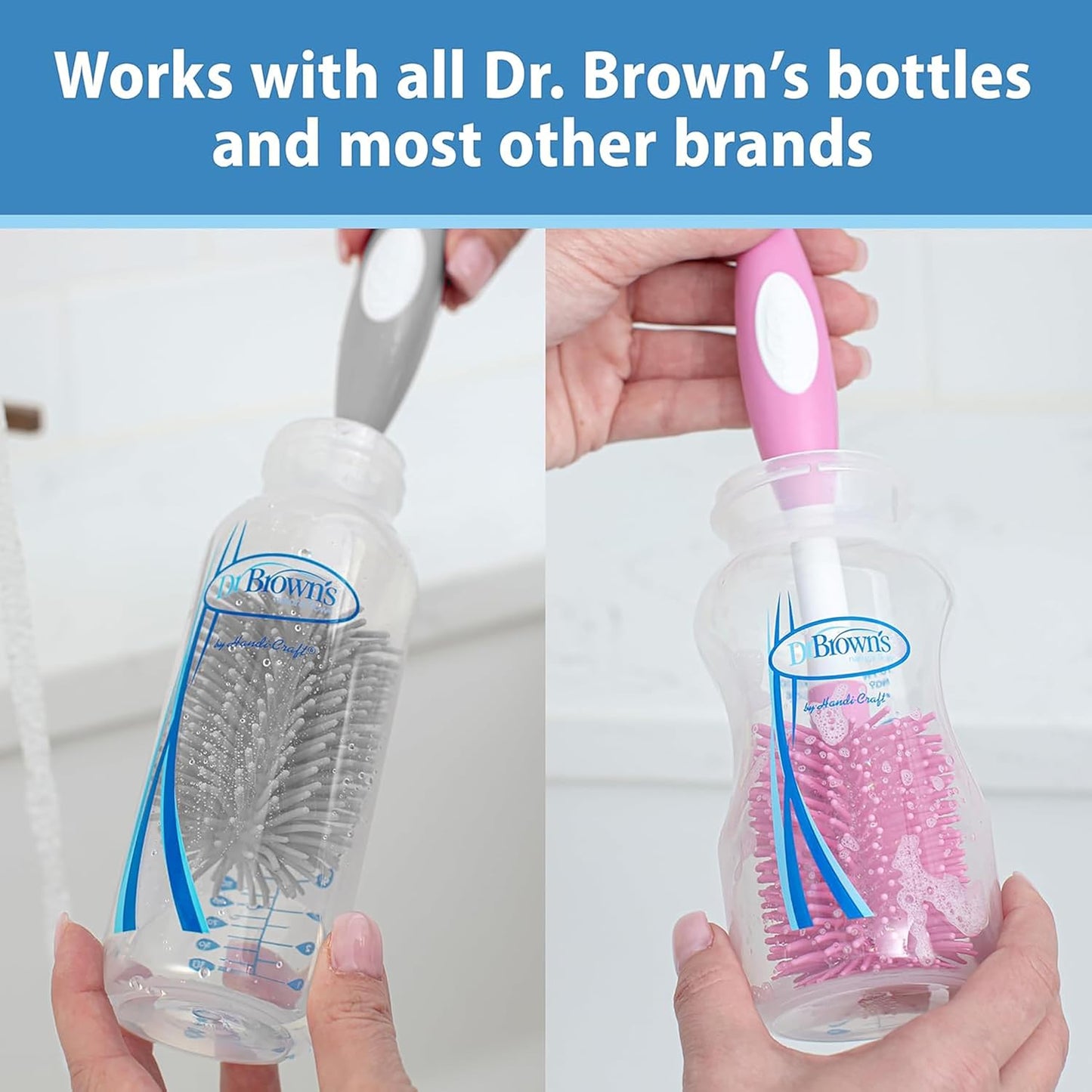 Dr. Brown's Soft Touch No Scratch Baby Bottle Cleaning Brush, Nipple Cleaner and Suction Cup Base for Easy Storage, BPA Free, Blue, 2 Pack