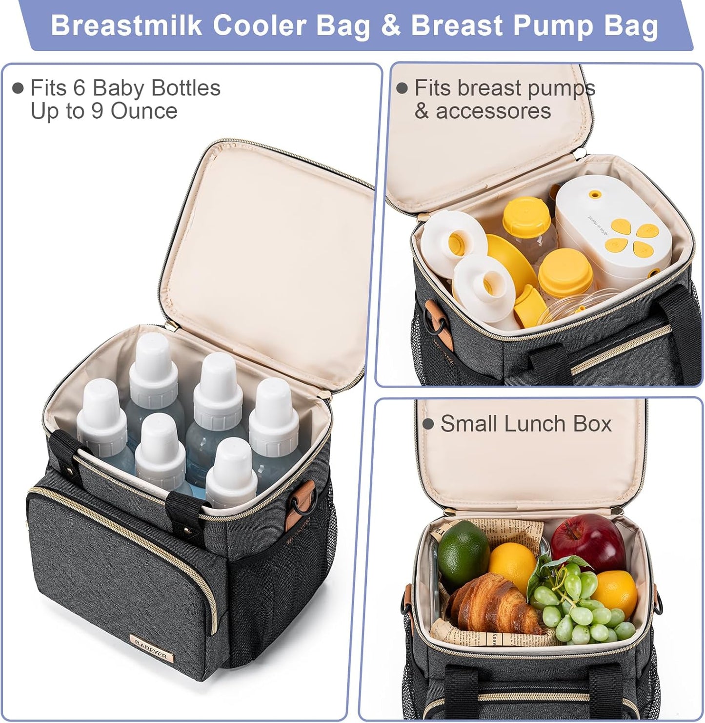 Breastmilk Cooler Bag with Ice Pack Fits 6 Baby Bottles up to 9 Ounce, Breast Milk Pump Cooler Bag for Nursing Mom Daycare, Work, Travel-Dark Grey