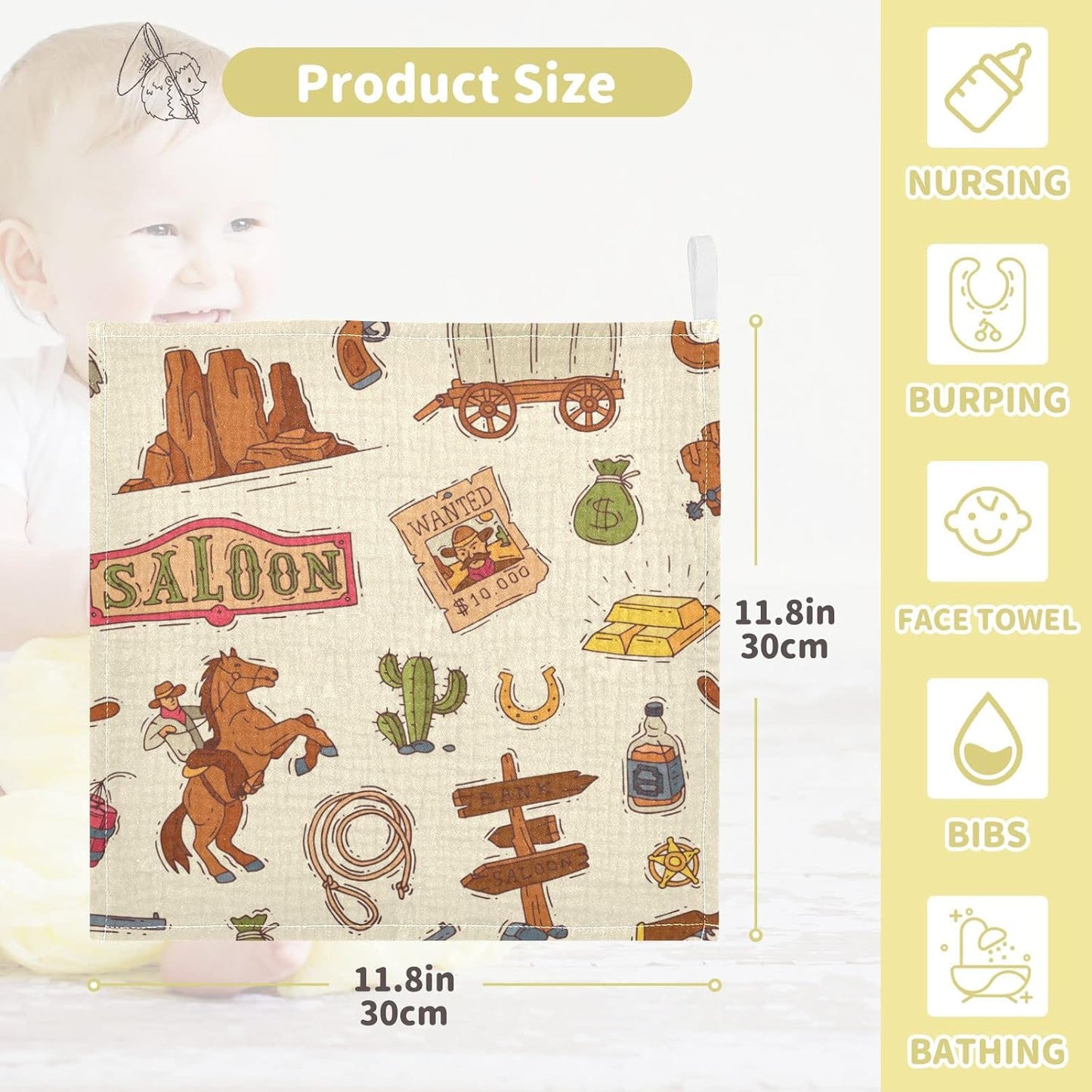 Cowboy Sheriff Burp Cloths for Boys & Girls, 5 Pack Wild West Western Muslin Washcloths Newborn Face Bath Towel Soft Absorbent Cotton Wash Cloth Baby Registry, 12 x 12 Inch