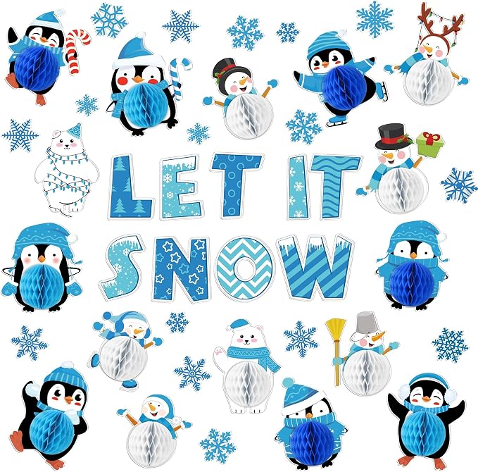 Naozinebi 53PCS 3D Winter Honeycomb Bulletin Board Snowflake Penguin Bulletin