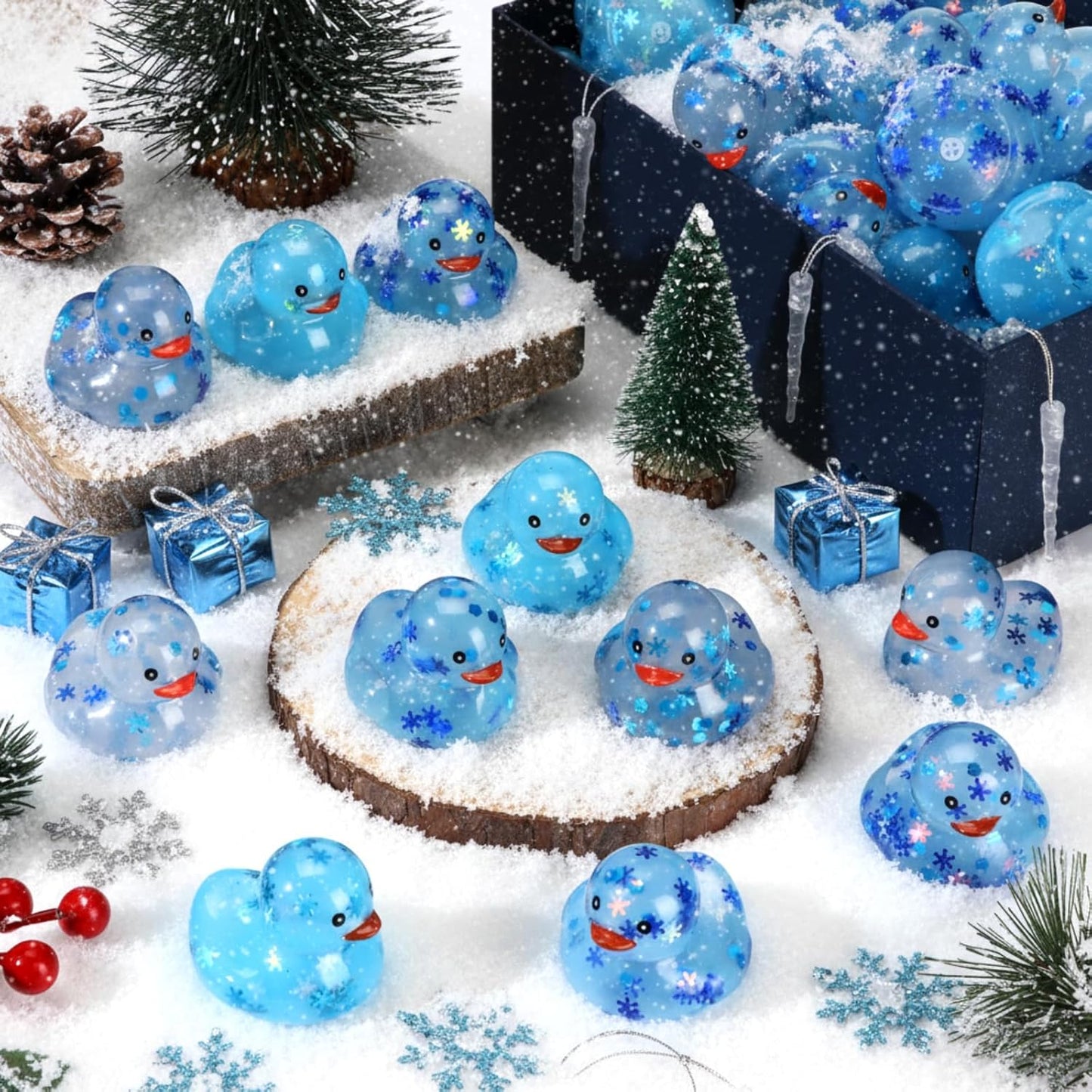24 Pcs Winter Rubber Ducks Bulk Squeaky Floating Bath Snowflakes Duck Toys for Birthday Christmas Party Gifts Supplies Class Prizes Decorations Party Favors