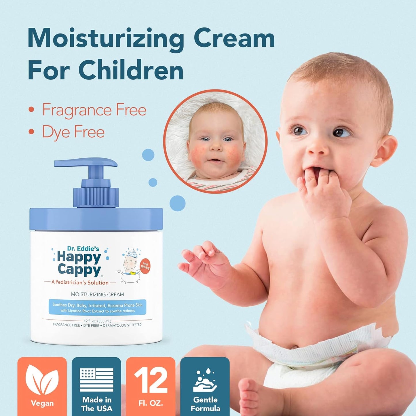 Happy Cappy Moisturizing Cream - Baby Cream for Eczema-Prone Skin, Dry Skin Lotion for Infants, Toddlers & Kids, Pediatrician-Formulated, Gentle, Paraben Free, Hypoallergenic, Sulfate Free - 12 fl oz