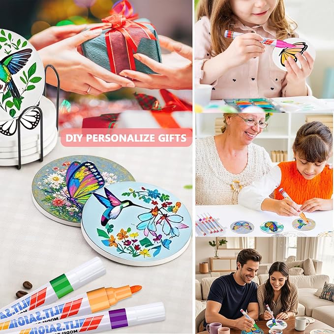 6 Absorbent Ceramic Tiles with Cork Base, Paint Your Own Butterfly Coaster |