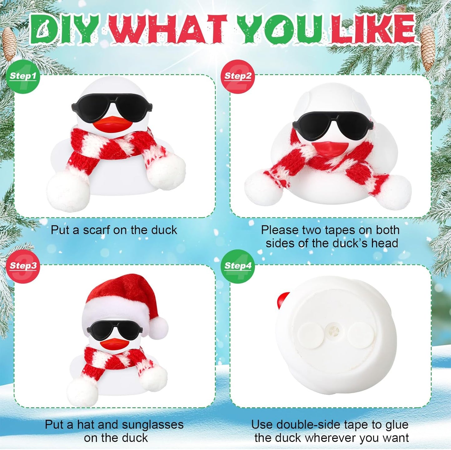 Syhood 48 Sets Christmas Mini Rubber Duck Bulk with Sunglasses Scarf Hats and Adhesive Dots Duckies Bath Toy Xmas Decor for Christmas Winter Gift Cruise Birthday Party (Xmas Hat)