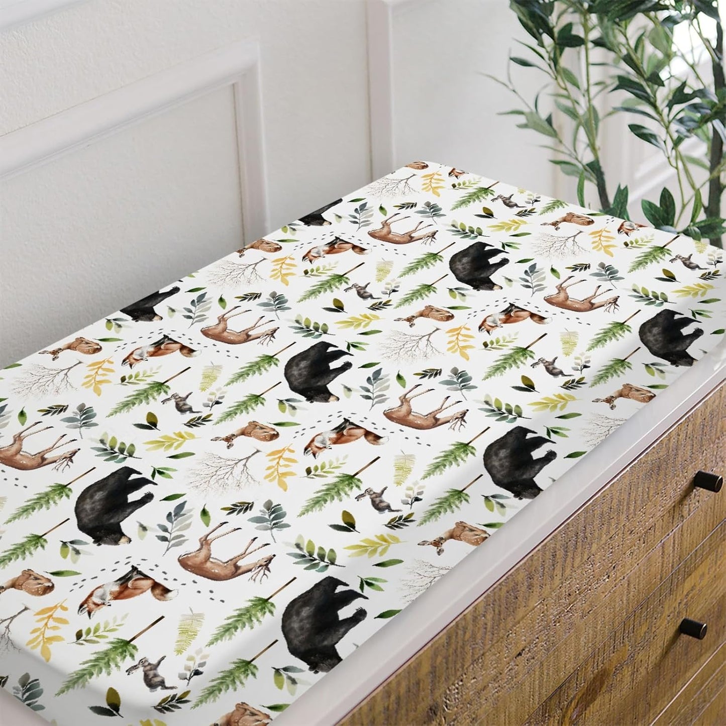 HawSkgFub Animals Pine Tree Changing Pad Cover for Baby Girl Boy, Natural Forest Bear Deer Fox Diaper Change Table Covers, Soft Stretchy Safe Snug Fitted Changing Mat Sheets Fit 32"/34" x 16"