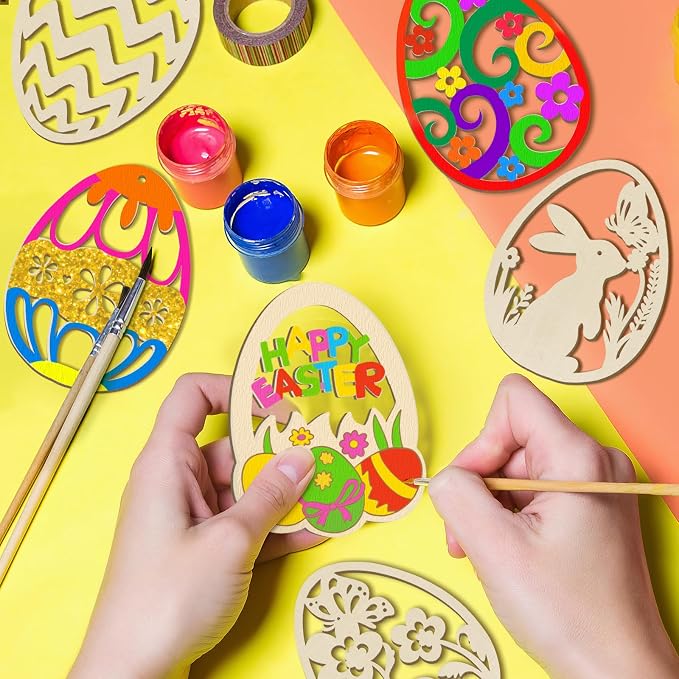 36PCS Wooden Easter Ornaments to Paint, 6 Styles DIY Blank Unfinished Wood Egg