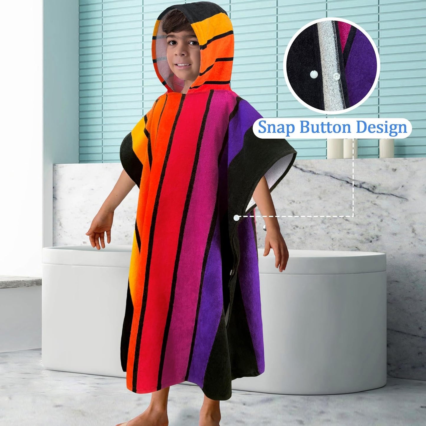 VOOVA & MOVAS Hooded Poncho Towels for Big Kids - (6-12Years), Absorbent Soft 100% Cotton Beach | Bath | Pool Swim Towel with Hood for Boys | Girls - Stripe