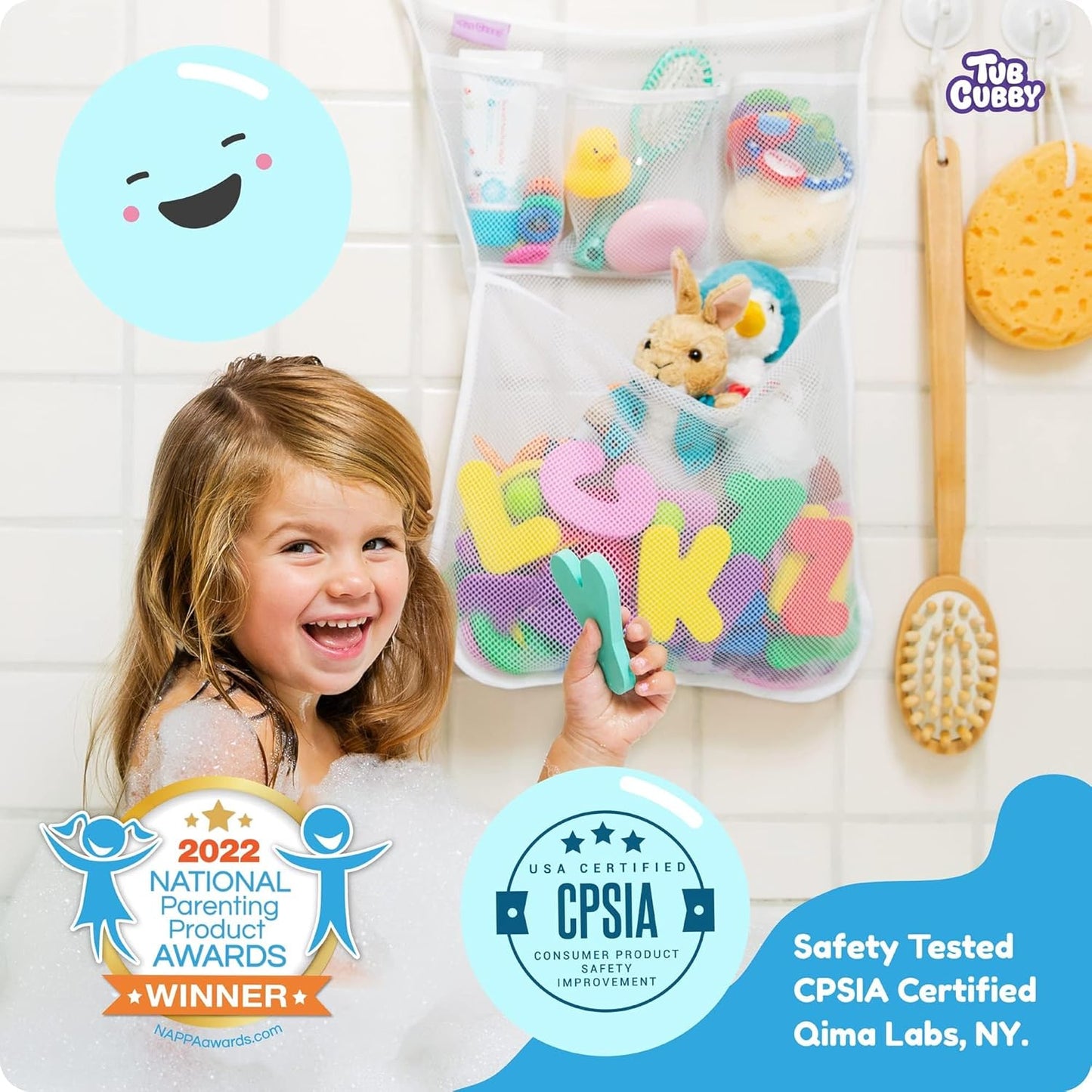 Tub Cubby Bath Toy Storage Organizer | 14"x20" Mesh Shower Caddy | Suction Cup & Adhesive Hooks | Toy Storage Net Organizer | Kids Bathroom Decor, Bedroom & More | Extra Hooks