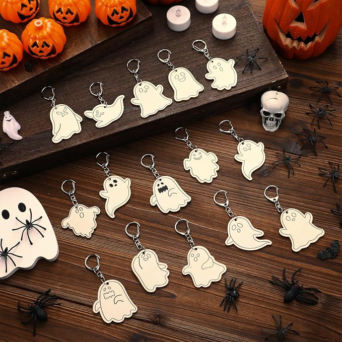 RattanView 24 Pcs Ghost Craft Color Your Own Keychains DIY Craft Wooden Blank