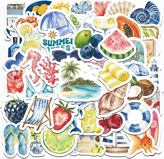 50 Pcs Watercolor Summer Beach Stickers, Tropical Ocean Fruit Sea Creature