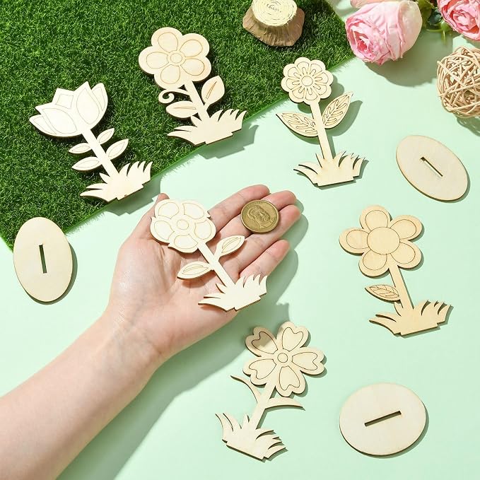 30 pcs 6 Styles Spring Flower Theme Unfinished Wooden Cutout Charms Cute Floral