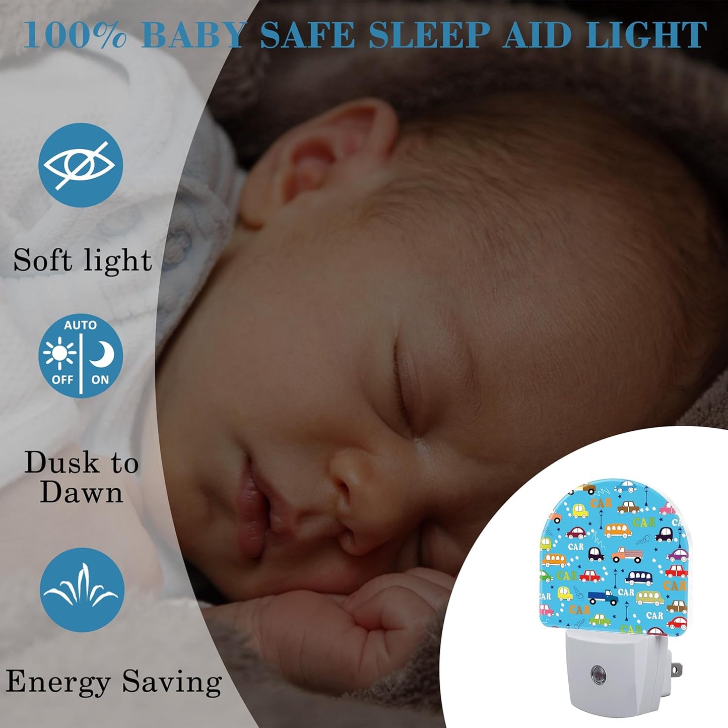 Cartoon Traffic Cars Night Light for Kids, LED Night Light Plug into Wall with Dusk to Dawn Sensor for Girls Boys Women Men Room Decor, Hallway, Kitchen, Bathroom, Nursery, Stairs