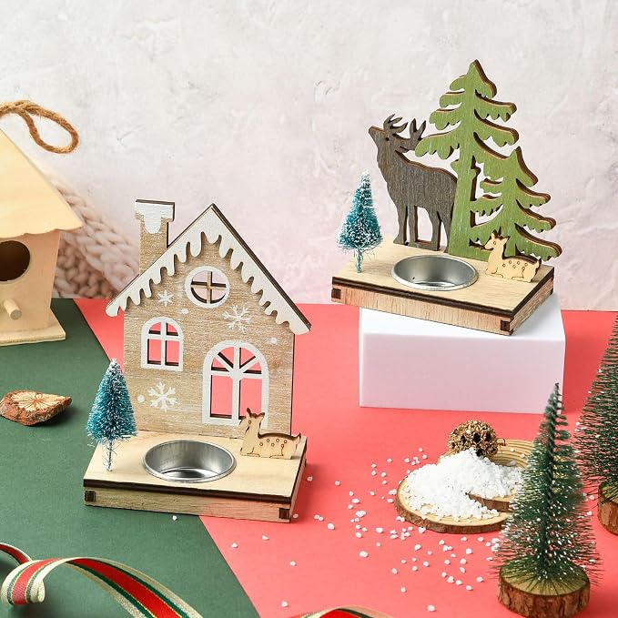 2 pcs 2 Styles Christmas Candlestick Theme Wooden Bases House Deer Tree Wood